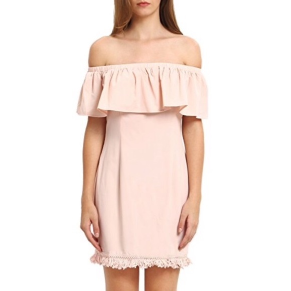 Blush Fringe Hem Off Shoulder Pencil Dress - Picture 2 of 2